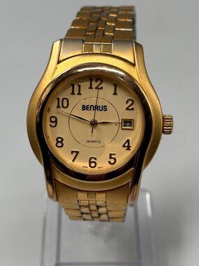 Benrus Mens Watch Gold Tone Round 38MM Date Window New Battery 7.5"